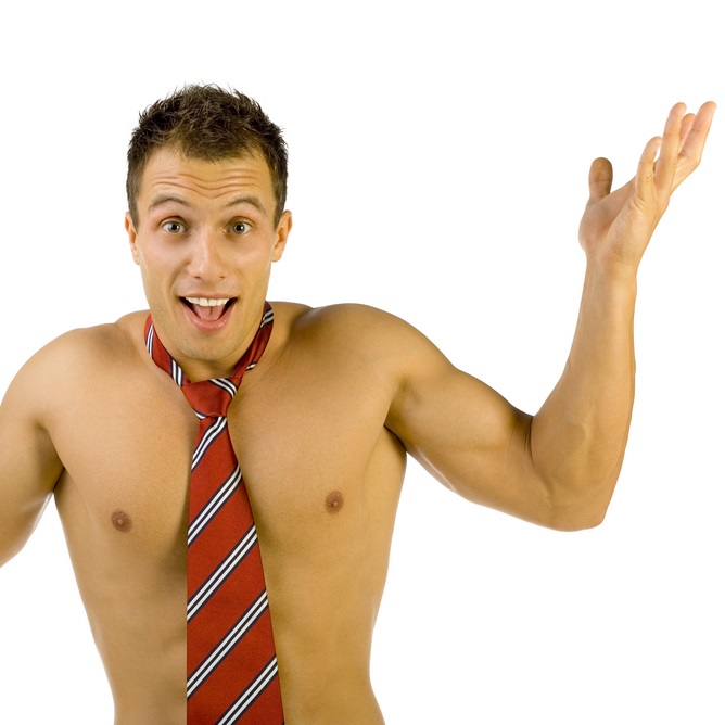 Bare chested man wearing a tie