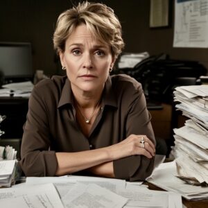 A woman in her forties sits at a desk, with stacks of paperwork on her either side. She looks directly into the camera with a frustrated expression.